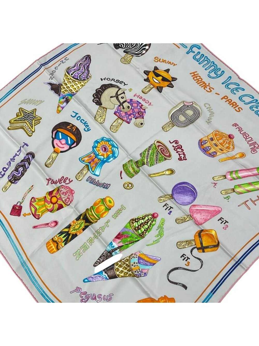 Hermes Scarf Carre 70 Light Gray Pink Multi Funny Ice Cream